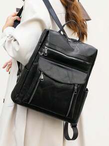 男女复古纯色双肩两用校园背包，PU 皮革多口袋学院书包通勤钱包，大容量商务休闲电脑背包户外旅行单肩包日常使用 - 黑色 - 查看 2