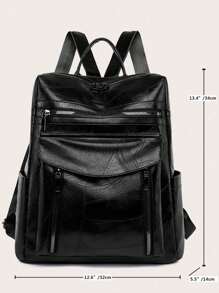 男女复古纯色双肩两用校园背包，PU 皮革多口袋学院书包通勤钱包，大容量商务休闲电脑背包户外旅行单肩包日常使用 - 黑色 - 查看 8