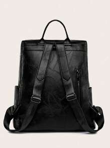 男女复古纯色双肩两用校园背包，PU 皮革多口袋学院书包通勤钱包，大容量商务休闲电脑背包户外旅行单肩包日常使用 - 黑色 - 查看 4