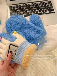 冬季加厚溫暖的毛絨防寒女式可愛學生多帕手套,帶手套套用於電動自行車騎行 - 白紫 - 查看 4