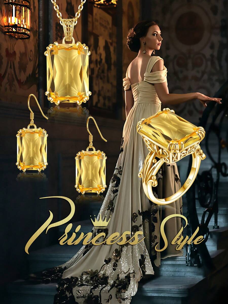 3 cái/bộ Duy nhất Thời Victoria Phong cách 925 sterling bạc MẠ 18K Màu vàng Hoa Chạm khắc Bộ Với Màu xanh lá Đá sinh & Cắt Vàng Pha lê Nhẫn , Vòng cổ mặt dây chuyền Và Hoàn hảo Đối với Của phụ nữ Ngày kỷ niệm , Quà Tặng Đính Hôn , Buổi tiệc , Lễ cưới , Cô dâu & Phù dâu Bộ , - Vàng - Xem 1