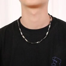 1條男士復古奢華黑色天然石珠項鍊,簡約時尚的嘻哈哥德風格珠寶 - 彩色 - 查看 1