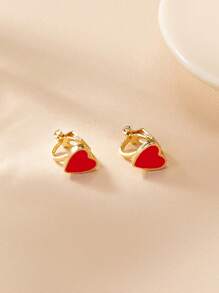 1pair Oil Droplets Heart Shaped Pendant Elegant & Sophisticated Clip-On Earrings - Red - View 7