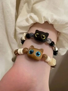 1入復古可愛的大眼貓串珠手鍊,時尚百搭的女士好友配件 - 米色 - 查看 2