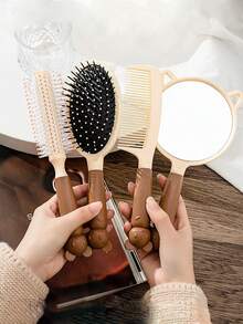 4 件套小姐可愛卡通松鼠圖案髮刷和鏡子套裝,家用頭皮按摩梳,咖啡棕色/粉紅色/紫色/藍色 - 松鼠四件式梳子,鏡子 - 查看 10