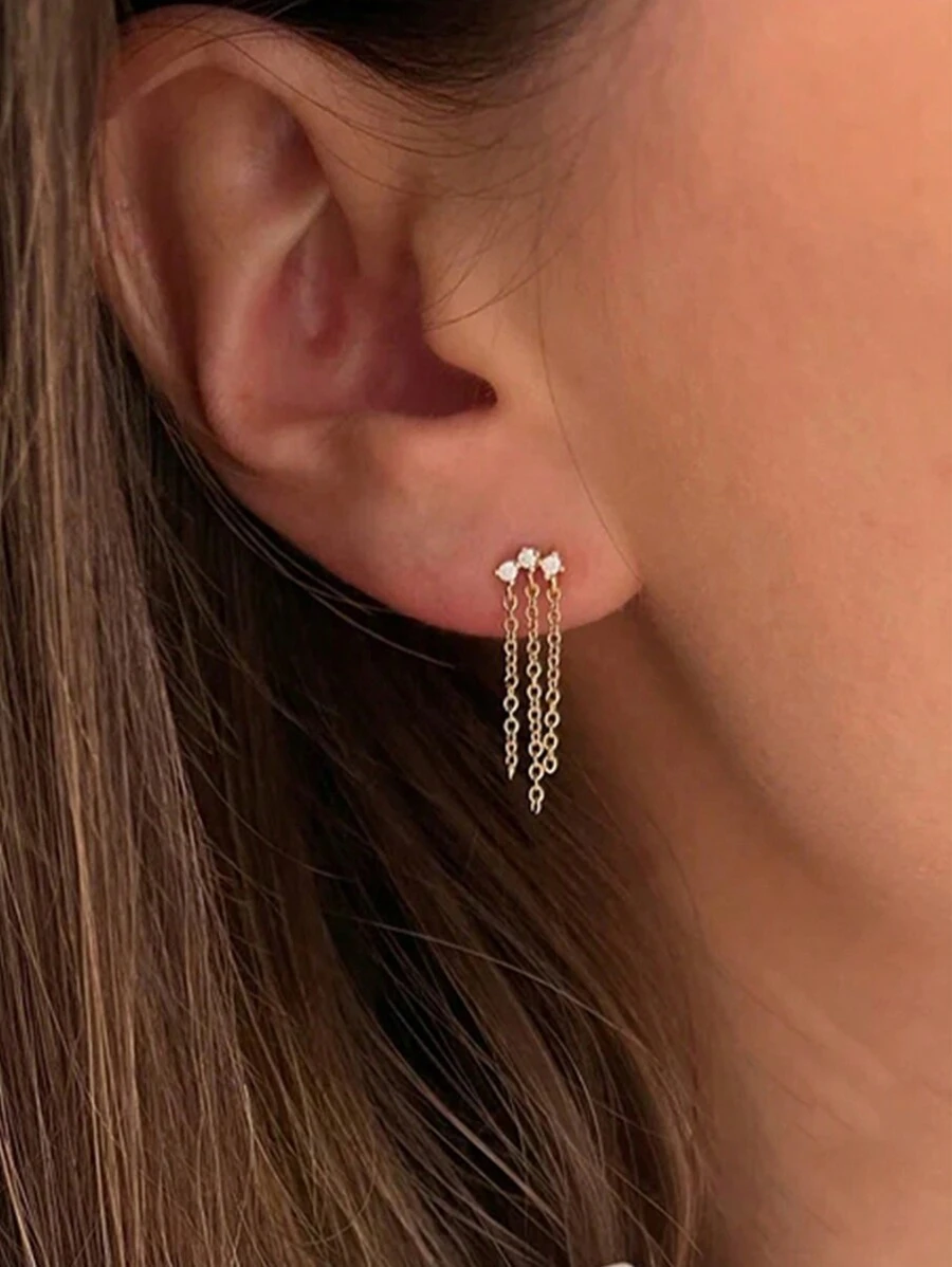 1 đôi 925 sterling bạc Ba Tua Dài Bông tai stud Khối Zirconia  Dangles Hoa tai Đối với phụ nữ Thời trang Tốt Hoa tai Đồ trang sức - Vàng - Xem 1