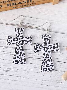 1對女性復古西式豹紋吊墜耳環,雙面pu耳環 - 黑與白 - 查看 3