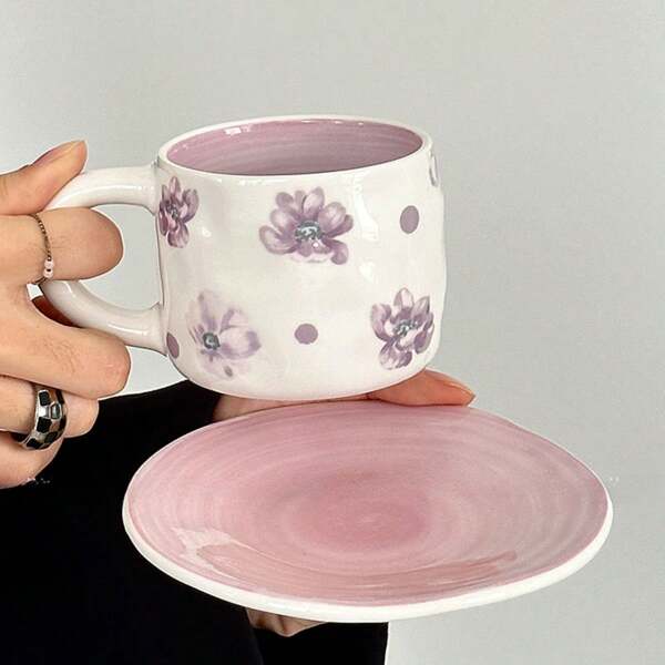 1set 250ml Retro Hand Painted Violet Cup & Saucer Set For Afternoon Tea, Coffee, Creative Gift