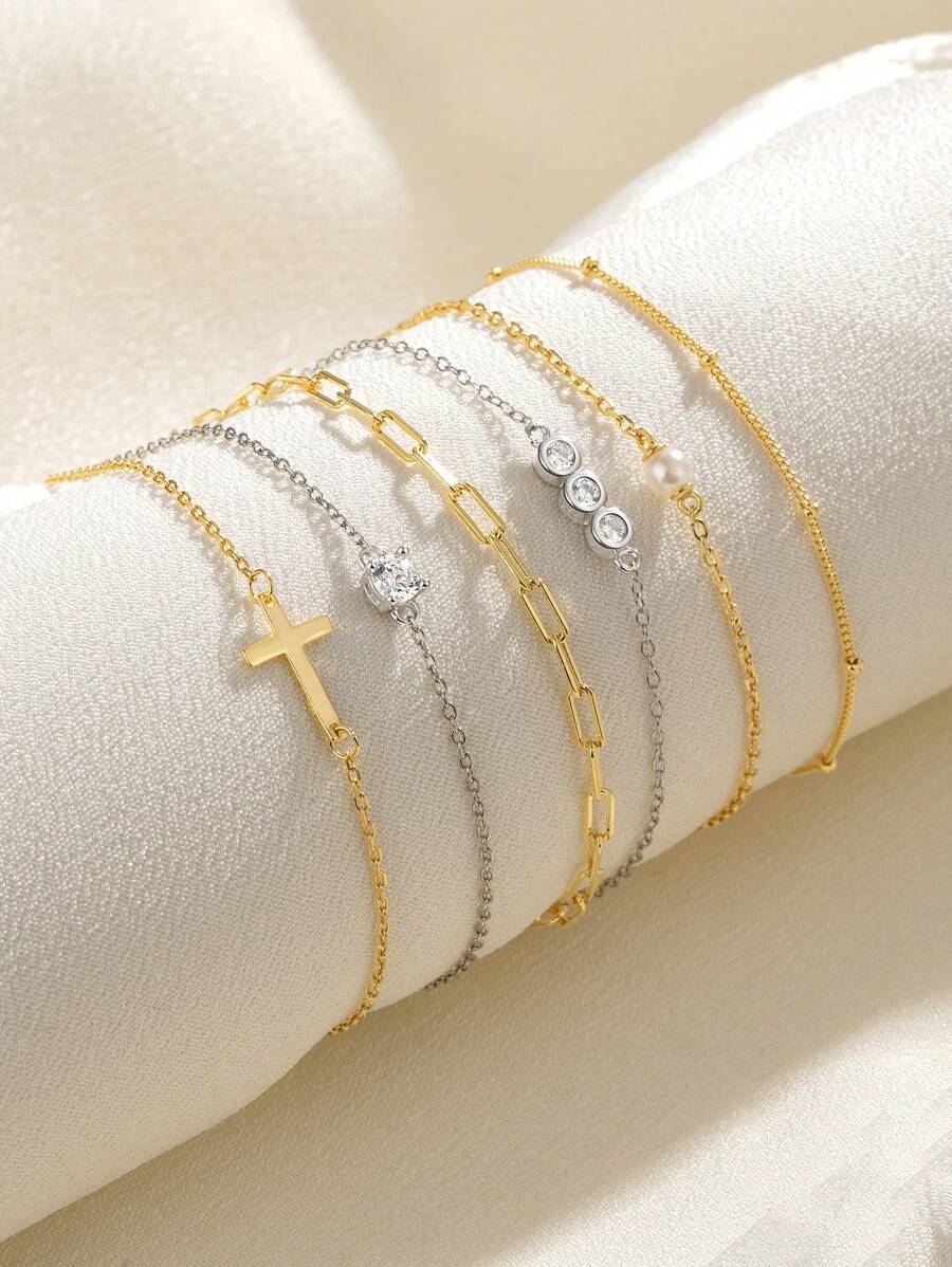 1条925纯银极简手链，18K镀金单钻AAAAA级立方氧化锆手链，可调节脚链，节日礼物