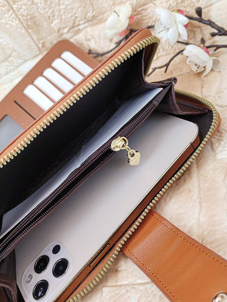 MINGYOU Women Long Wallet Mini Handbag Embroidered Zipper Phone Wallet, 1pc PU Solid Color Multifunctional Large Capacity Card Holder Purse - Brown - View 1