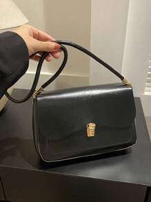 1pc Black Shoulder Crossbody Bag With Metal Lock Decoration, Retro Design And Simple Style, Suitable For Women'S Daily Use, Dating, Valentine'S Day Gift - Black - View 1