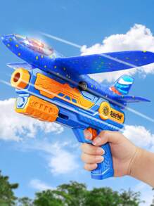 1pc Handheld Blue Airplane Toy With Light And Ejection Function - Projectile Foam Gun [blue] With Light - View 1