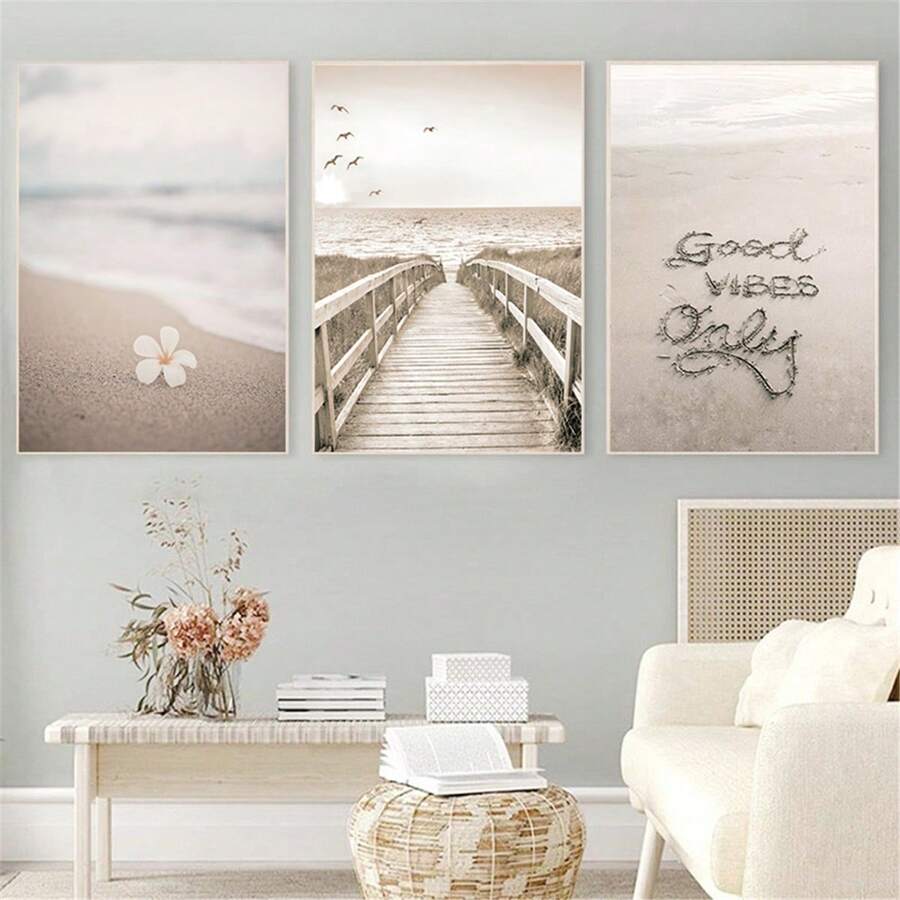 3入組現代沿海海景名言牆藝術套裝,包括碼頭和海灘,適用於臥室、客廳、廚房、辦公室等,帆布印刷（不含框架） - 風景(不含框) - 查看 1