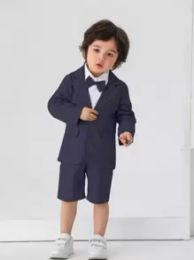 BOARNSEORL 2pcs Baby Boys Gentleman Suit Set: Blazer Jacket With Bowknot And Dress Pants, Suitable For Birthday Party, Formal Event, Wedding