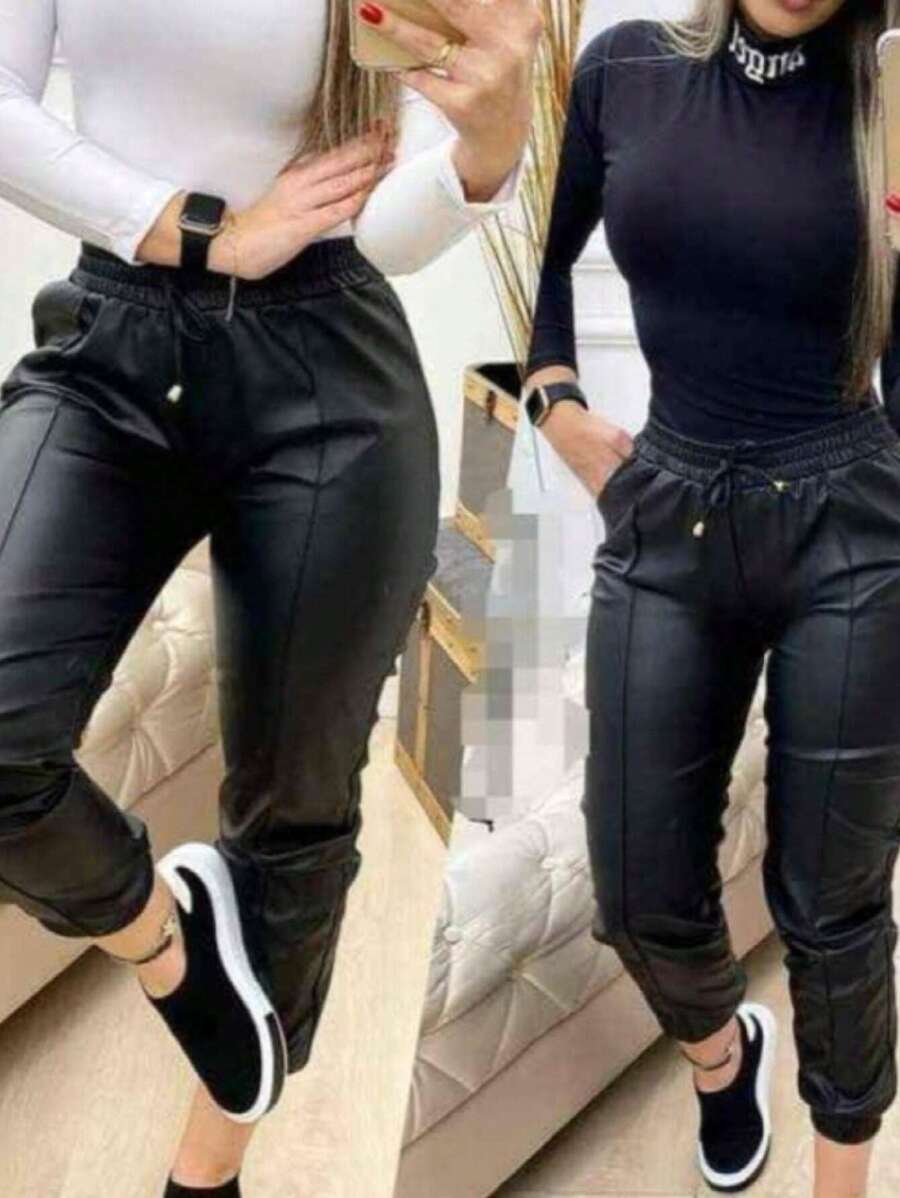Pantalón jogger vinipiel - Negro - Ver 1