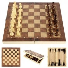1 Set Of Wooden Chess, Checkers, Backgammon Three-In-One Portable Folding Chess Board Box Set, Party Checkers, Role-Playing Dice Game, Travel Game 29x29cm - Multicolor - View 4