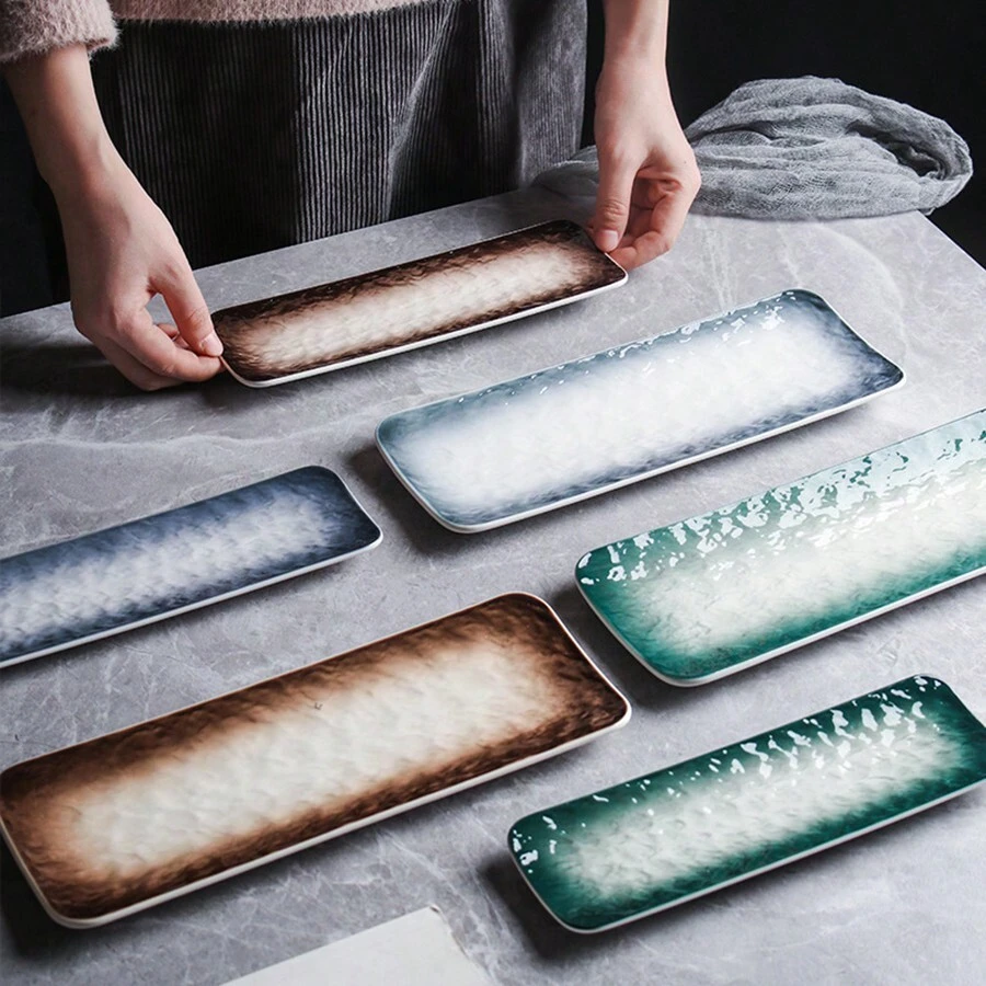 1個10/12英寸陶瓷托盤-瓷質水波紋紋理-派對瓷質矩形盤-用於開胃菜盤、壽司、招待客人 - 棕色 - 查看 1