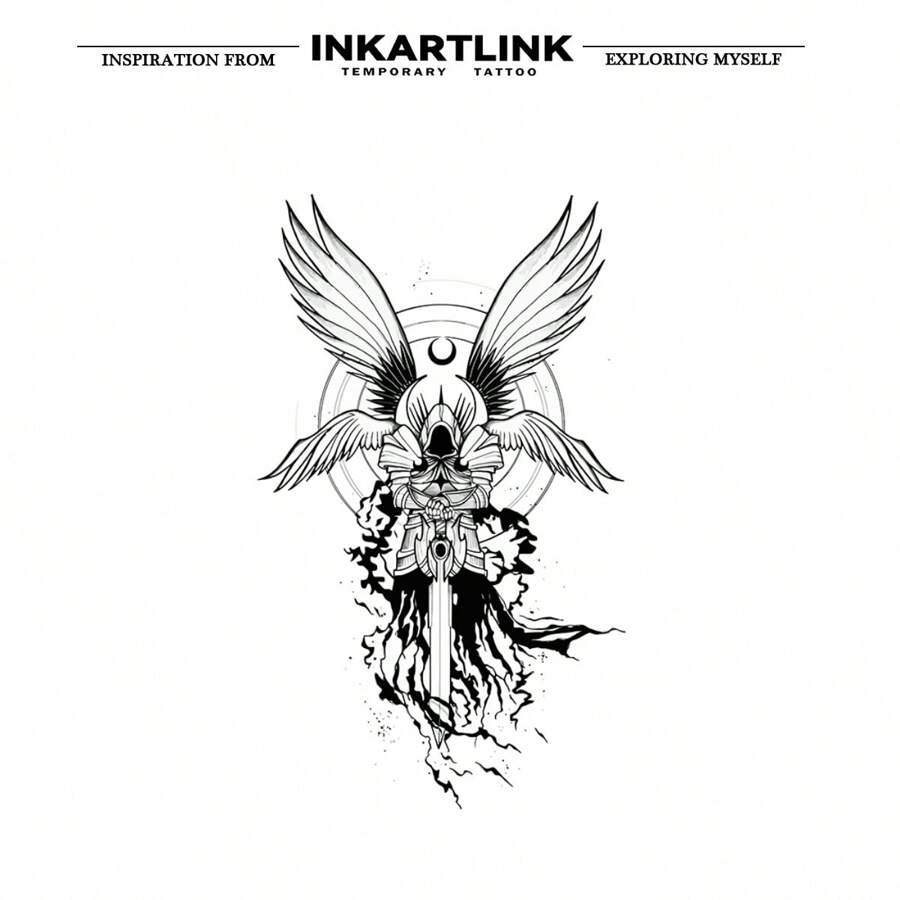 INKARTLINK Justice Angel暫時紋身貼紙,持久1-2週,紋身,逼真假紋身 - 黑色 - 查看 1