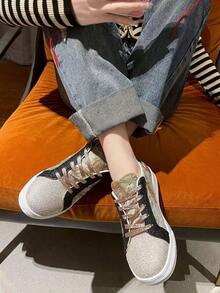 夏季新款女士帆布鞋,透氣綁帶休閒運動鞋,印花亮面,拼接低幫平底鞋,適用於女士戶外運動鞋 - 彩色 - 查看 2