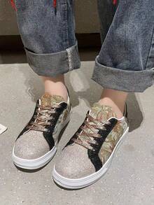 夏季新款女士帆布鞋,透氣綁帶休閒運動鞋,印花亮面,拼接低幫平底鞋,適用於女士戶外運動鞋 - 彩色 - 查看 6