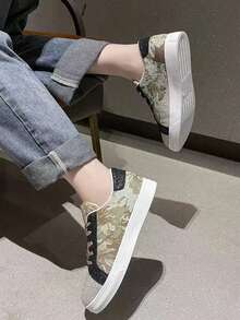 夏季新款女士帆布鞋,透氣綁帶休閒運動鞋,印花亮面,拼接低幫平底鞋,適用於女士戶外運動鞋 - 彩色 - 查看 4