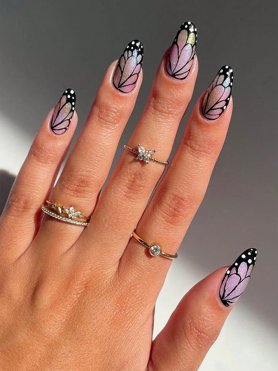 24入組杏仁形可穿戴手繪深藍色純色假指甲，星空點綴，輕奢風格，附果凍膠、壓克力專用美甲棒和磨甲梳 - 彩色 - 查看 1