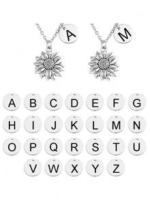 1 Pc Chic Silver Plated 26 Initials Letter Tags Sun Flower Pendant Necklace For Women - Silver - View 3