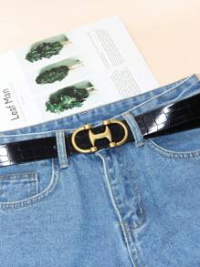 1pc Plus Size Black Crocodile Pattern Leather Belt With Solid Plate Buckle For Women Bow - Black - View 2