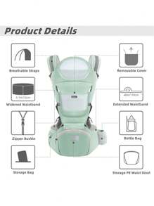 Portabebés multifuncional, asiento de moda para salir con el bebé, material de malla transpirable, diseño de correa más ancha, bolsillos laterales para biberones, bolsa para guardar el móvil, adecuado para bebés de 0 a 3 años cuando salen de casa - Verde - Ver 8