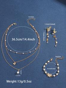 1set Fashionable Golden Zinc Alloy Butterfly & Pearl Multi-layer Necklace, Beaded Bracelet, Earrings Set For Women, Suitable For Party - Yellow Gold - View 6