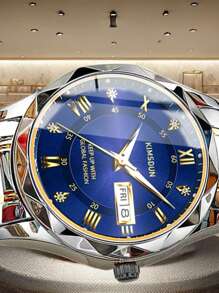 A Men's Gold Steel Band Calendar Week Waterproof Luminous Business Casual Quartz Watch Father