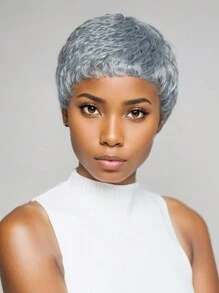 小精靈剪髮假髮合成短精靈剪髮假髮帶瀏海無膠分層合成假髮女式波浪灰色至黑色假髮 - 銀色 - 查看 1