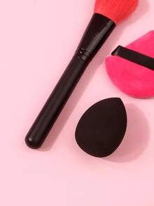 3支装高档黑色木柄散粉刷，刷毛柔软，适用于腮红、定妆和修容；另配粉色水滴形美妆蛋，用于上粉底；化妆刷套装；化妆刷组合；全套化妆工具；化妆刷套装；化妆礼盒 - 黑色 - 查看 7