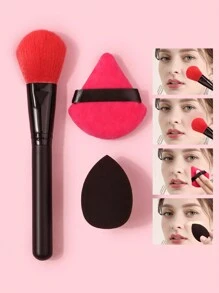 3支装高档黑色木柄散粉刷，刷毛柔软，适用于腮红、定妆和修容；另配粉色水滴形美妆蛋，用于上粉底；化妆刷套装；化妆刷组合；全套化妆工具；化妆刷套装；化妆礼盒 - 黑色 - 查看 1