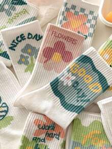 10pairs Random Forest Green Floral Pattern Women'S Mid-Calf Socks - Multicolor - View 3