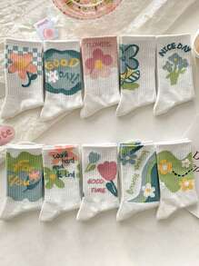 10pairs Random Forest Green Floral Pattern Women'S Mid-Calf Socks - Multicolor - View 1