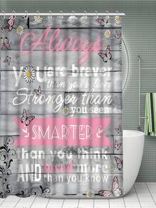 1pc Butterfly & Encouragement Phrase Printed Simple Pattern Shower Curtain Or Mat, Bathroom Supplies Waterproof Shower Curtain Set Comes With 12 Shower Curtain Hooks - Multicolor - View 3