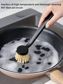 1 Miếng Vệ Sinh Nhà Bếp Chải Đối với Rửa chén Với Thanh kiếm Bristle Và Dừa Chất xơ , Không dính Và Tay cầm dài Nồi Chải - màu đen - Xem 1