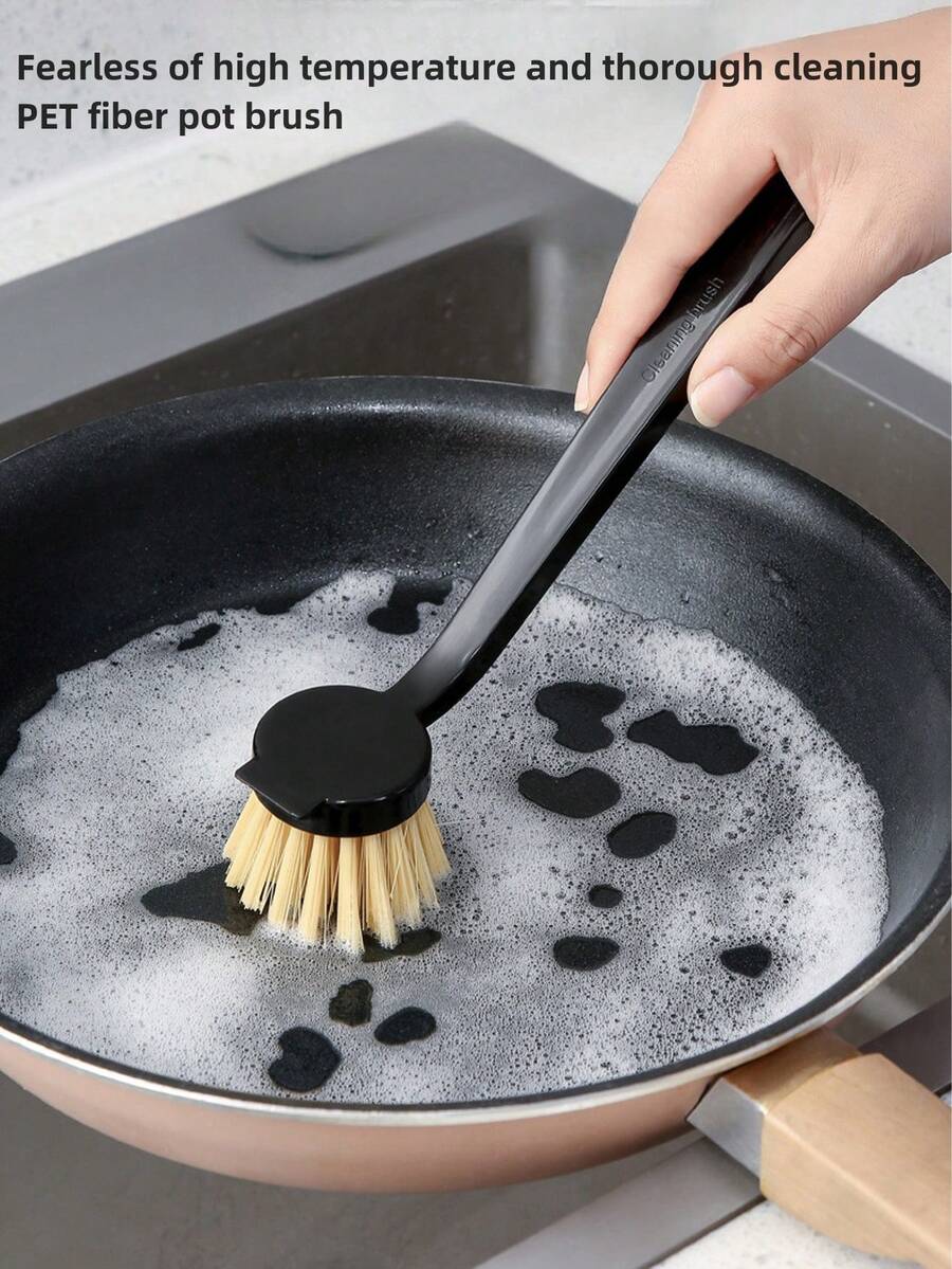1 Miếng Vệ Sinh Nhà Bếp Chải Đối với Rửa chén Với Thanh kiếm Bristle Và Dừa Chất xơ , Không dính Và Tay cầm dài Nồi Chải - màu đen - Xem 1