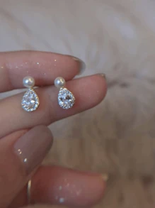 1 对迷人仿珍珠和方晶锆石防水纯银耳环 女士礼物精美珠宝 - 金色 - 查看 1