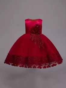 女童无袖纯色圆领3D立体花卉网纱拼接优雅生日派对连衣裙，不含头饰 - 酒紅色 - 查看 5