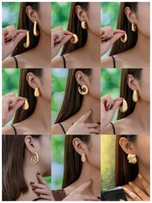 1對時尚極簡主義金色垂墜紋圓形耳環,附有迷宮設計,扭曲紋理和多種組合。非常適合情人節禮物。 - 麻花 - 查看 1