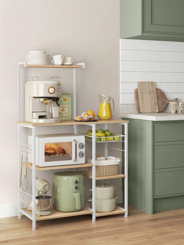 VASAGLE VASAGLE Scaffale da Cucina, Supporto per Forno a Microonde, Mobile Cucina, con Cestino a Filo Metallico, 6 Ganci, per Spezie, Pentole e Padelle, Greige e Nero/Marrone Vintage e Nero/Beige Rovere e Bianco Classico