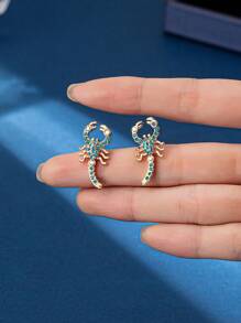 2入組閃亮的蠍子鑲嵌寶石卡通設計14k鍍金合金耳環,適合女性日常佩戴 - 彩色 - 查看 4