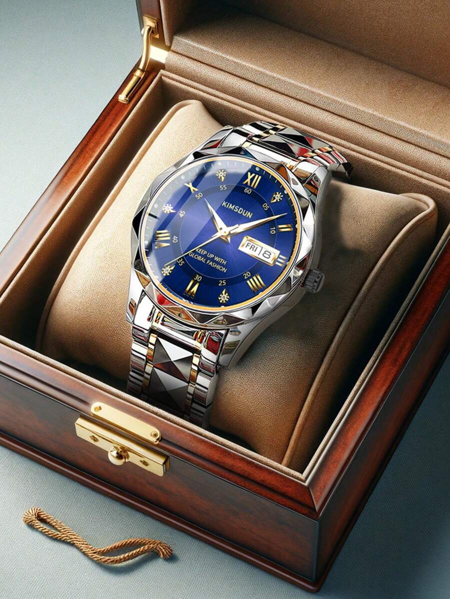 A Men's Gold Steel Band Calendar Week Waterproof Luminous Business Casual Quartz Watch Father