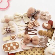 Kids' Korean-Style Milk Tea Colored Plush Flower Hair Clips For Girls & Babies, Coffee Colored Bowknot Cute Hair Accessories With Girlish Heart - Multicolor - View 3