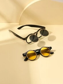 2 件裝男士/千年/龐克風格翻蓋圓形復古眼鏡,男女通用,派對主題日夜兩用裝飾眼鏡 - 彩色 - 查看 2