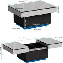 Coffee Table White High Gloss With LED, Extendable Coffee Table, High Gloss Finish, Living Room Table With 2 Storage Spaces, LED Coffee Tables For Living Room With 20 Colors Lights, Middle,White And Black - Black and White - View 3