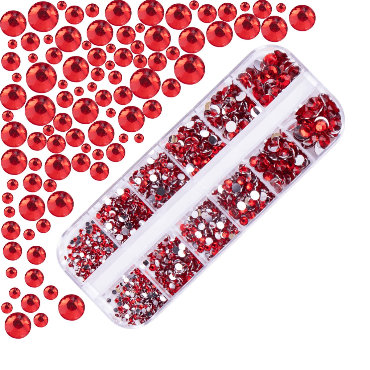 2660入組含12個格子的樹脂珠寶，與純銀實心樹脂底部錐形鑽混合，適用於情人節和新年DIY指甲彩繪裝飾，指甲寶石和指甲用品 - 紅色 - 查看 1