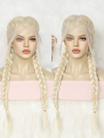 28 英寸长金色 13*3.5*1 T 部分合成蕾丝前假发，适合女性，长双扭荷兰编织蕾丝前假发，带婴儿头发，非洲式玉米辫蕾丝前假发，自然预拔发际线高清蕾丝假发，中分造型，优质合成假发替换假发，150% 高密度高温耐热纤维假发，假发日常角色扮演假发，非常适合女性和 1 件假发帽